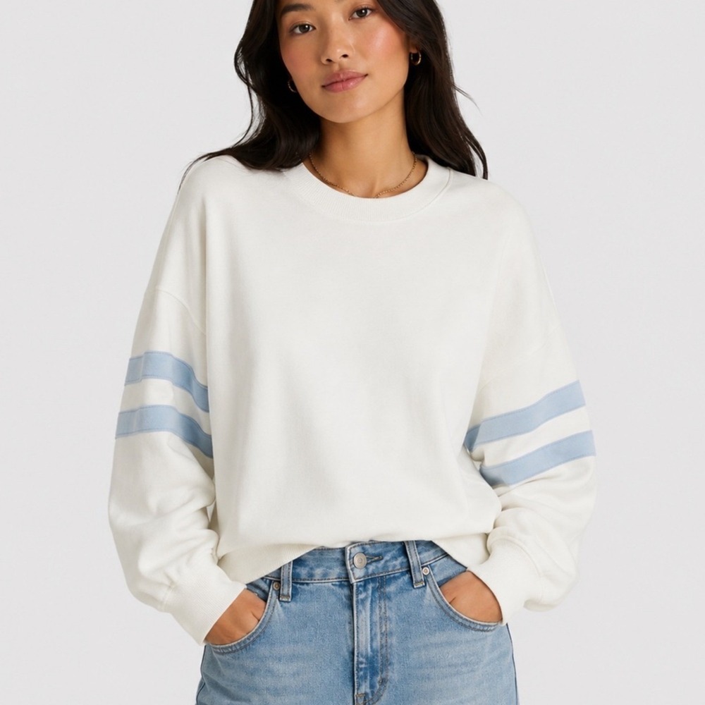 Madewell Crewneck Varsity Sweatshirt True White Blue Stripe Womens XXS 2XS NWT